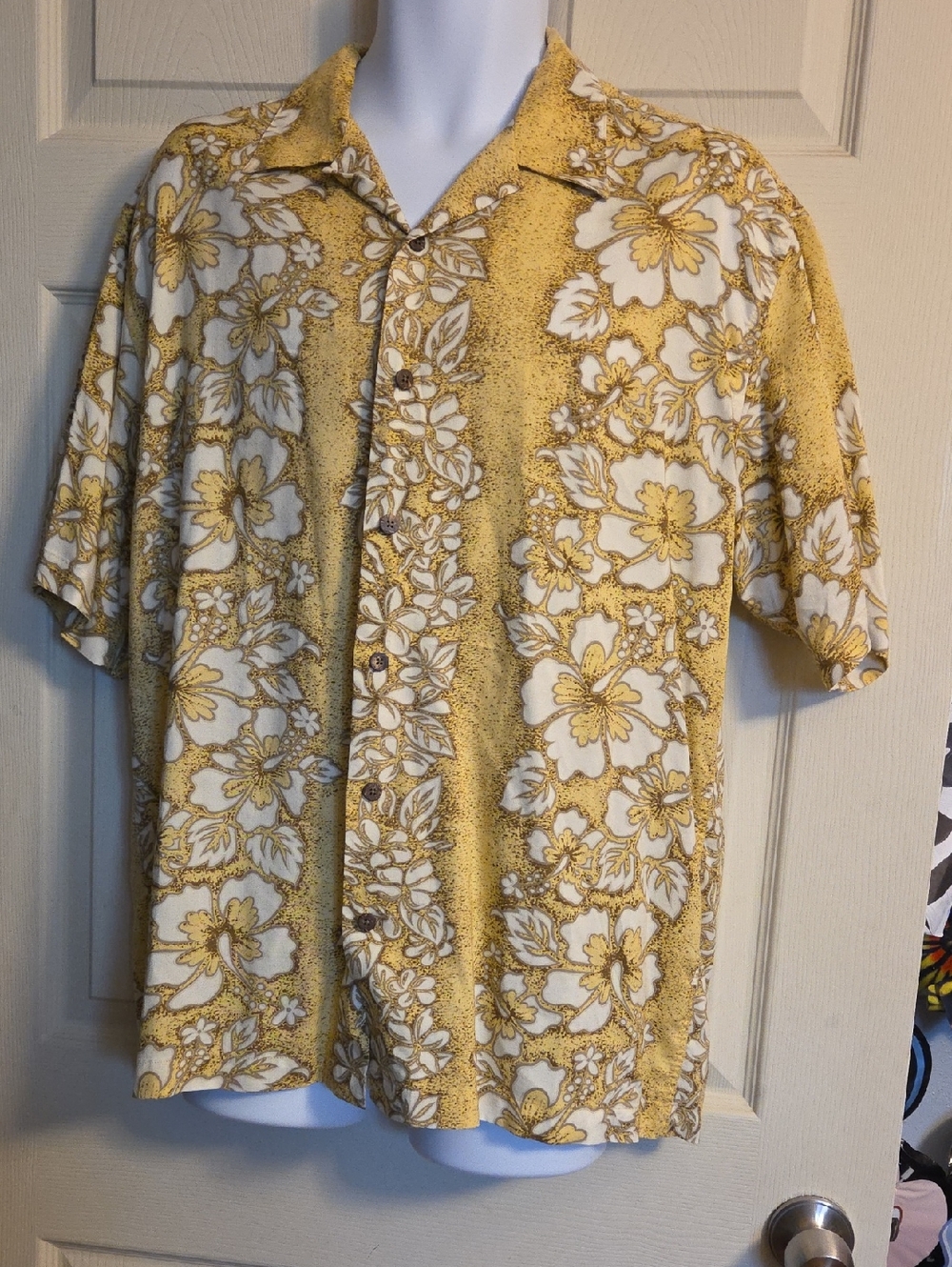OP Yellow and White Floral Camp Shirt Large